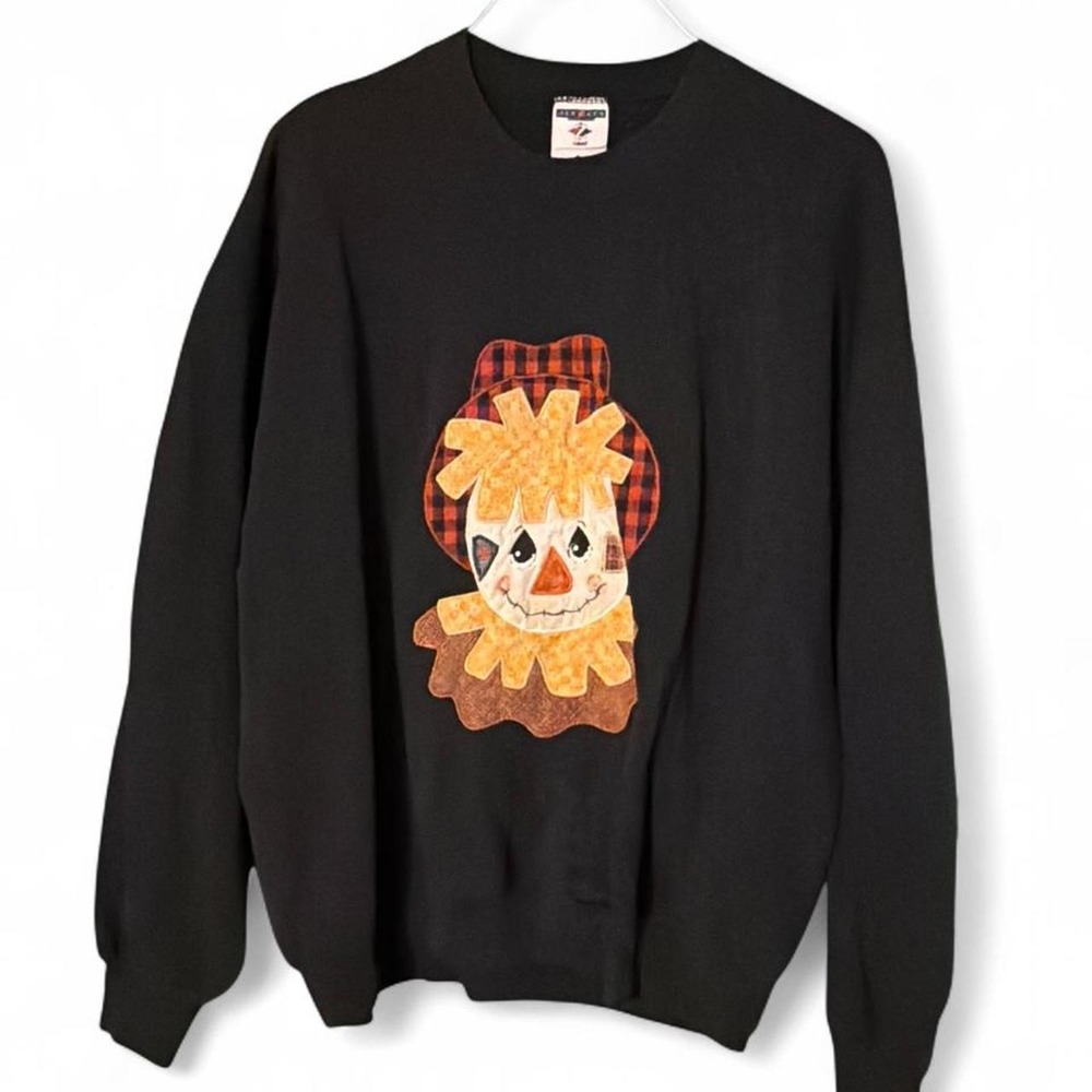 Vintage Jerzees Scarecrow Graphic Crewneck Sweatshirt Black XL Fall Autumn